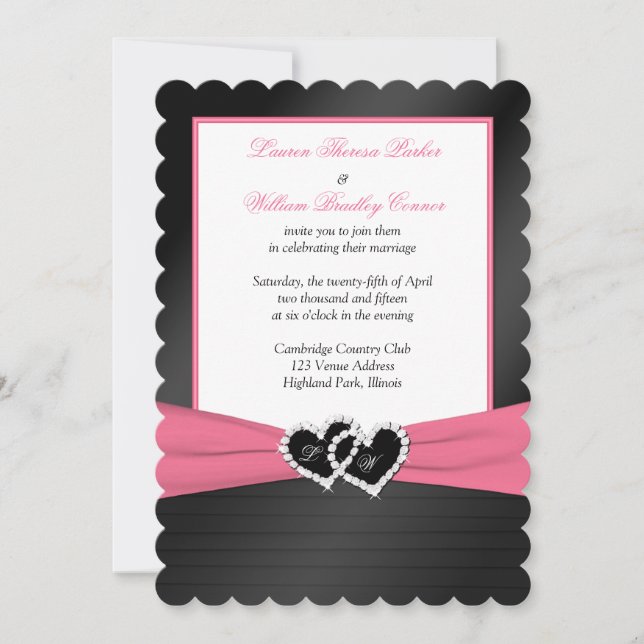 Pink White Black FAUX Pleats Hearts Wedding Invite (Front)