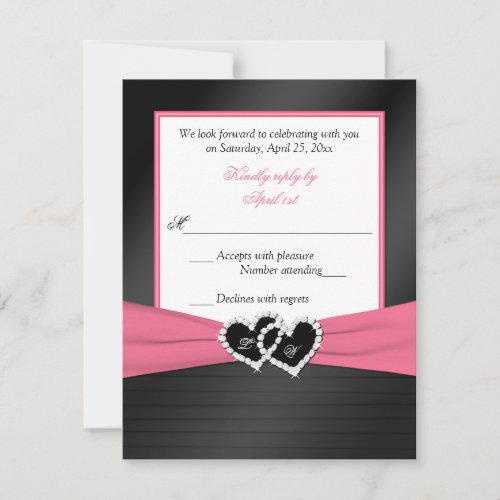Pink White Black FAUX Pleats Hearts Wedding RSVP Invitation