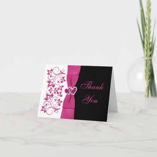 Pink White Black Floral Wedding Thank You Card