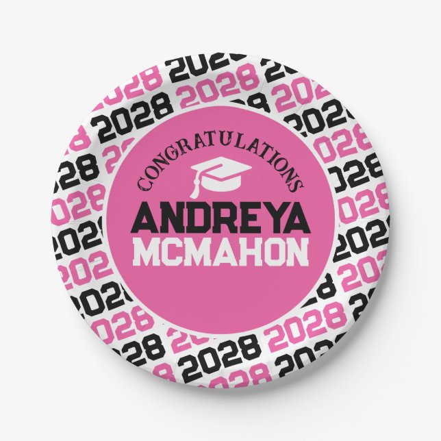 Pink, White & Black Graduation Personalized Paper Plates (Front)