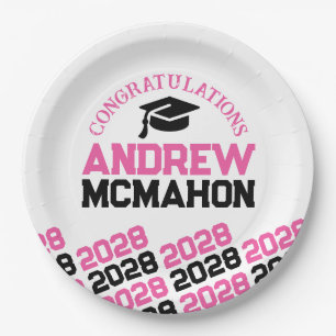 Pink, White & Black Half Repeat Grad Personalized Paper Plates