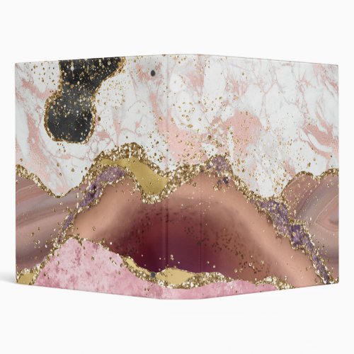 Pink White Black Mauve Gold Glitter Agate Marble 3 Ring Binder