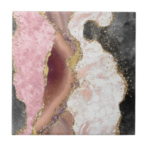 Pink White Black Mauve Gold Glitter Agate Marble Ceramic Tile