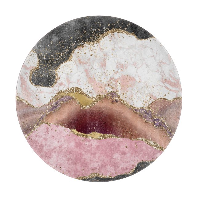Pink White Black Mauve Gold Glitter Agate Marble Cutting Board (Front)