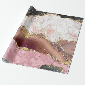 Pink White Black Mauve Gold Glitter Agate Marble Wrapping Paper