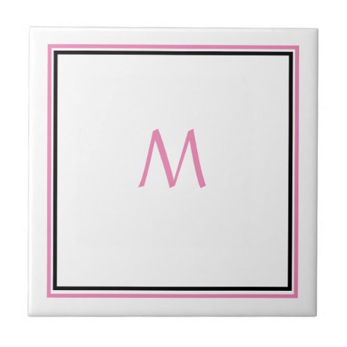 Pink White Black Monogram Initial Custom Name Gift Ceramic Tile