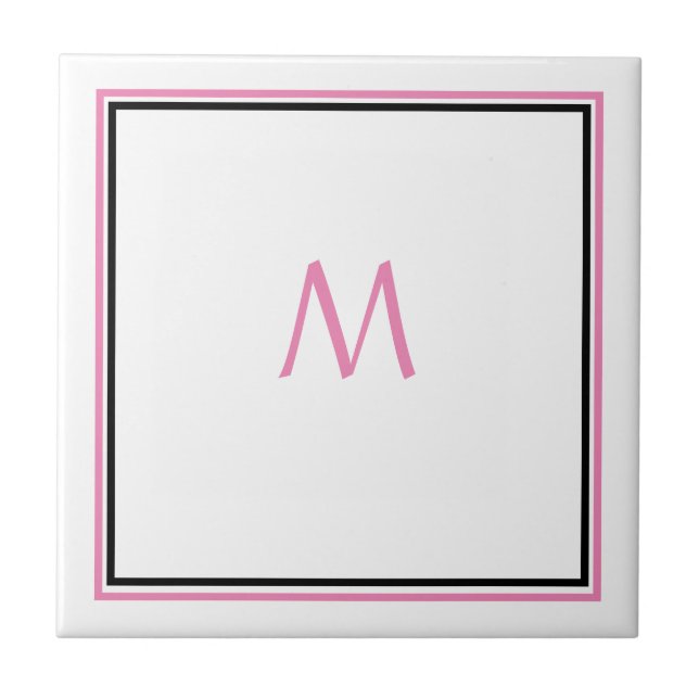 Pink White Black Monogram Initial Custom Name Gift Ceramic Tile (Front)