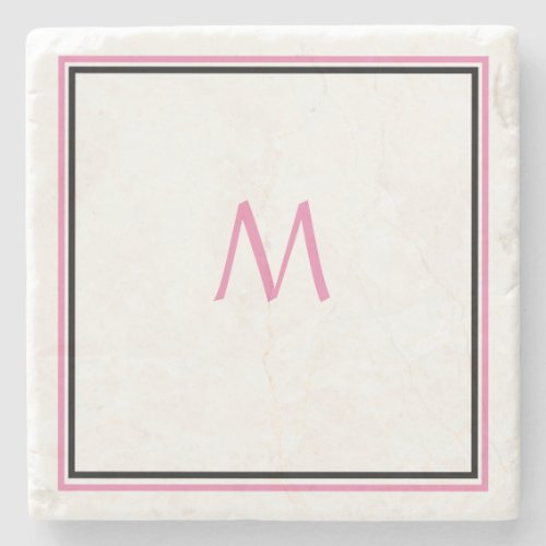 Pink White Black Monogram Initial Custom Name Gift Stone Coaster