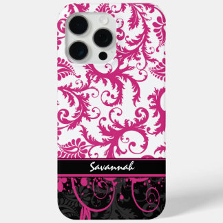 Pink White Black Personalized Damask iPhone 15 Pro Max Case