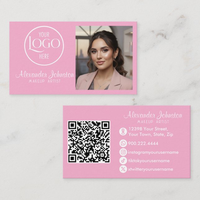 Pink White & Black Script Makeup Photo Personalize Business Card (Front/Back)