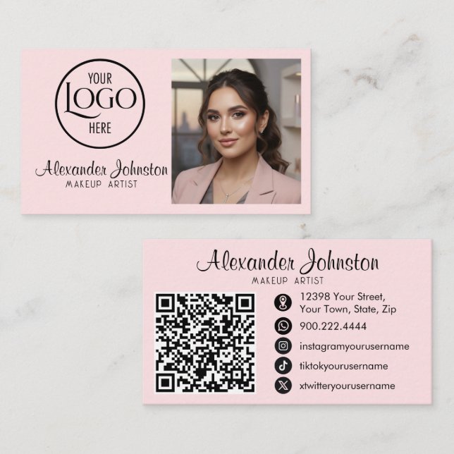 Pink White & Black Script Makeup Photo Personalize Business Card (Front/Back)