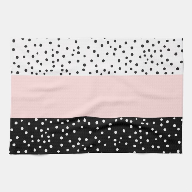 Pink white black watercolor polka dots kitchen towel (Horizontal)