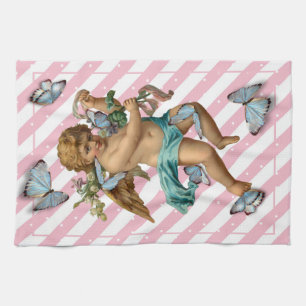 Pink White Blue Cherub Butterfly Kitchen Tea Towel