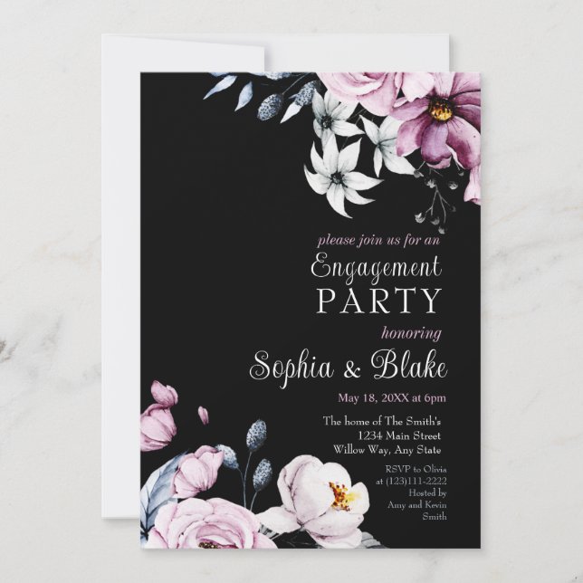 Pink, White & Blue Floral | Black Engagement Party Invitation (Front)