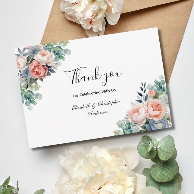 Pink White Blue Floral Flowers Eucalyptus Wedding Thank You Card (Pink Blue Floral Eucalyptus Watercolor Elegant Wedding Thank you card)