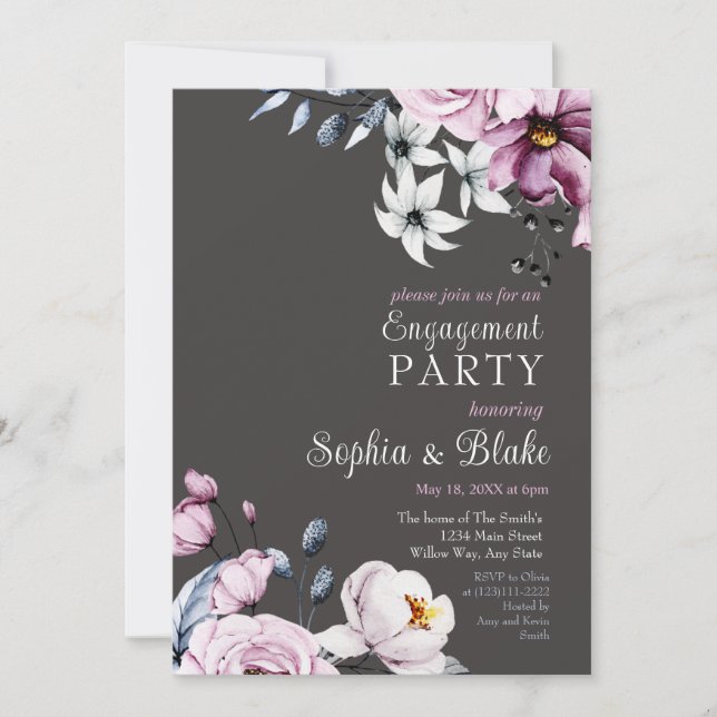 Pink, White & Blue Floral | Slate Engagement Party Invitation (Front)