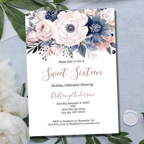 Pink White Blue Floral Sweet Sixteen 16 Birthday Invitation