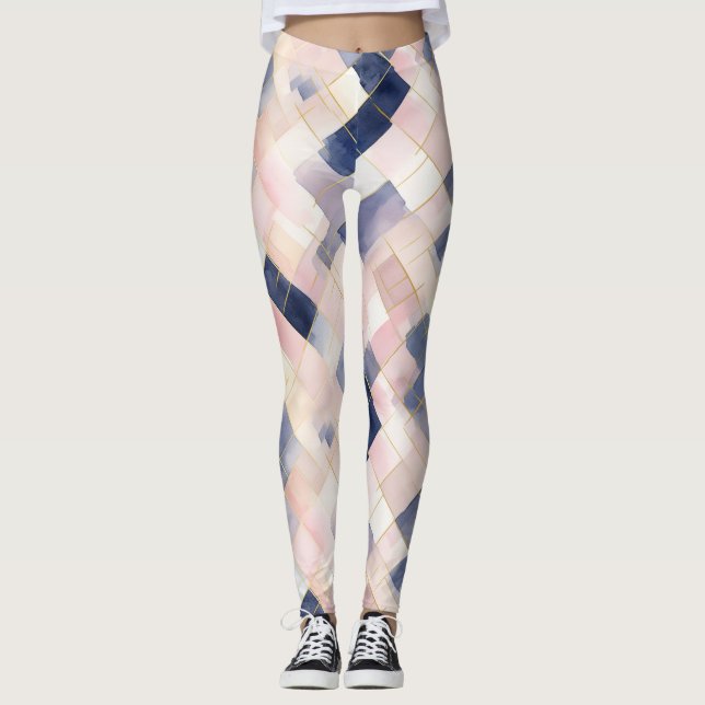 Pink White Blue Squares Leggings (Front)