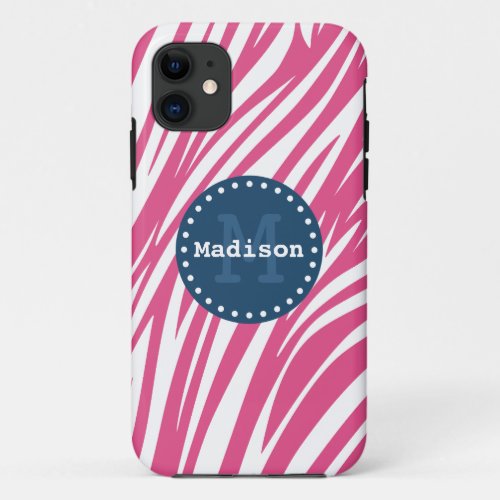 Pink White Blue Zebra Striped Monogram iPhone 11 Case