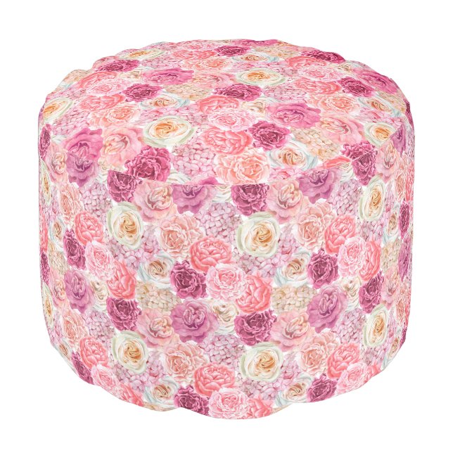 Pink White Blush Pink Magenta Floral Flowers  Pouf (Angled Front)