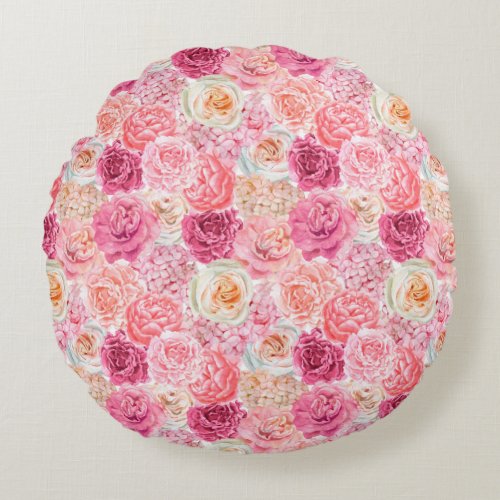 Pink White Blush Pink Magenta Floral Flowers  Round Pillow