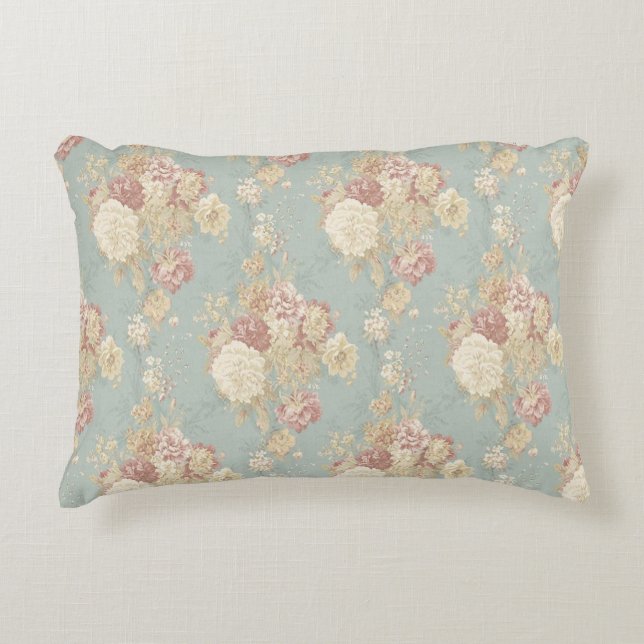 Pink White Blush Roses on Blue Background   Accent Pillow (Front)