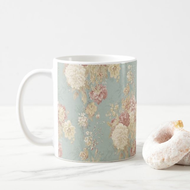 Pink White Blush Roses on Blue Background  Coffee Mug (With Donut)