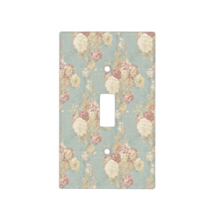 Pink White Blush Roses on Blue Background Light Switch Cover
