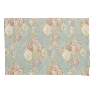 Pink White Blush Roses on Blue Background Pillow Case