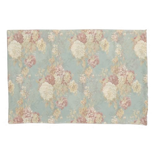 Pink White Blush Roses on Blue Background  Pillow Case