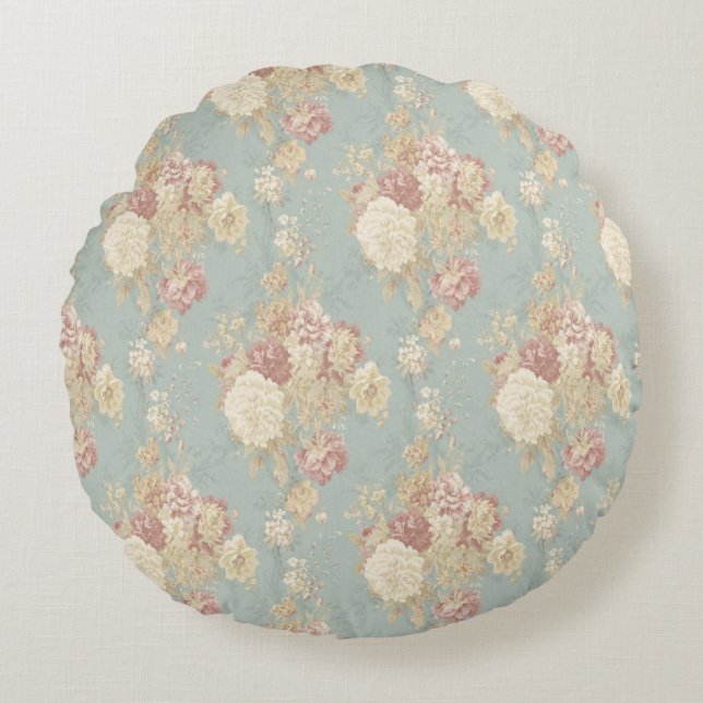 Pink White Blush Roses on Blue Background   Round Pillow (Front)