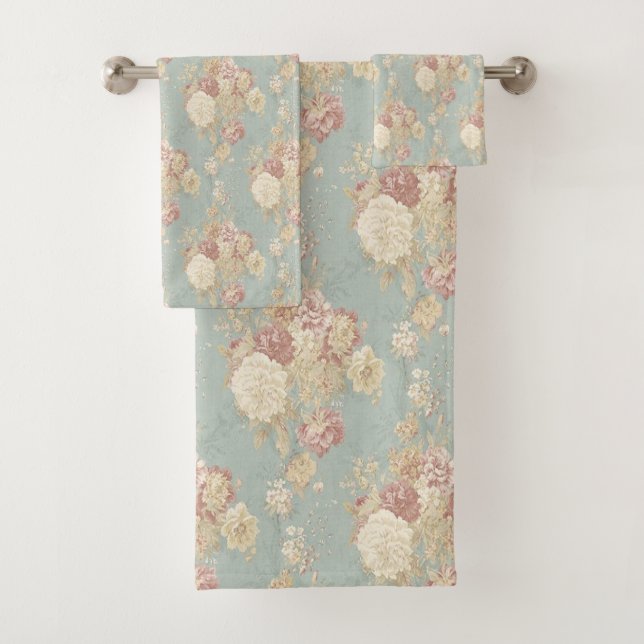 Pink White Blush Roses on Blue Elegant Bath Towel Set (Insitu)