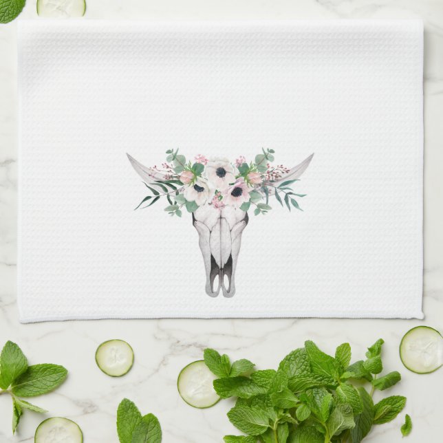 Pink White Boho Cow Head Floral Kitchen Towel (Folded)