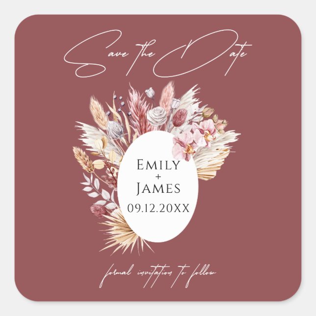 Pink White Boho Pampas Floral Frame Wedding    Square Sticker (Front)