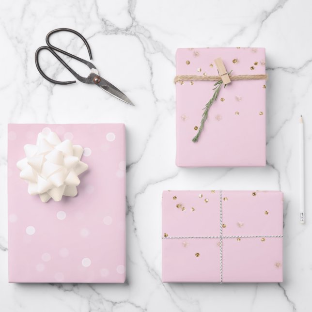 Pink White Bokeh Gold Glitter Confetti Christmas Wrapping Paper Sheets (Front)