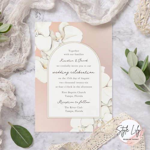 Pink White Botanical Orchid Floral Wedding Invitation