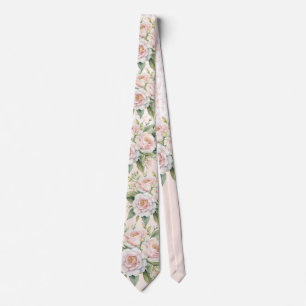Pink White Botanical Rose Bouquet Wedding Groom Neck Tie