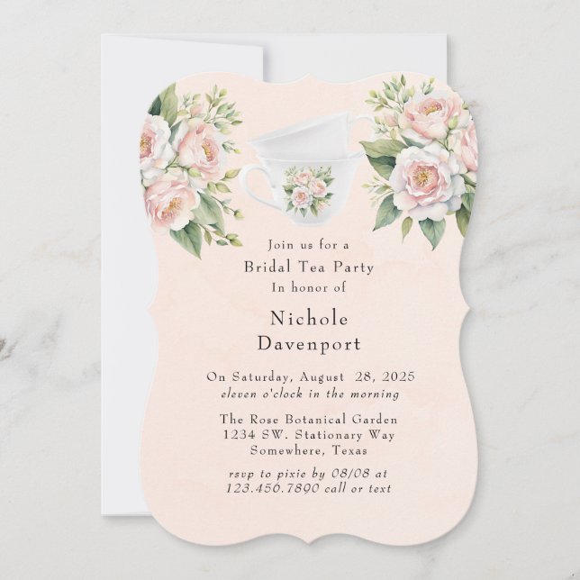 Pink White Botanical Roses Bridal Tea Party Invitation (Front)