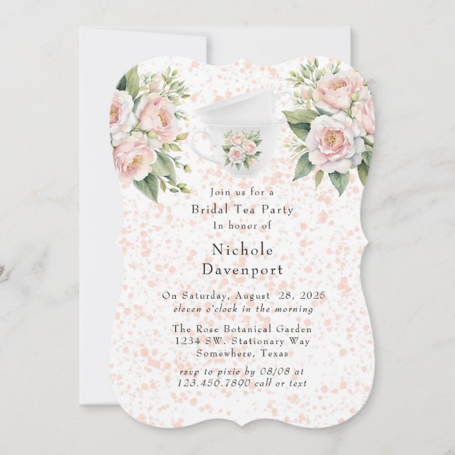 Pink White Botanical Roses Bridal Tea Party Invitation (Front)