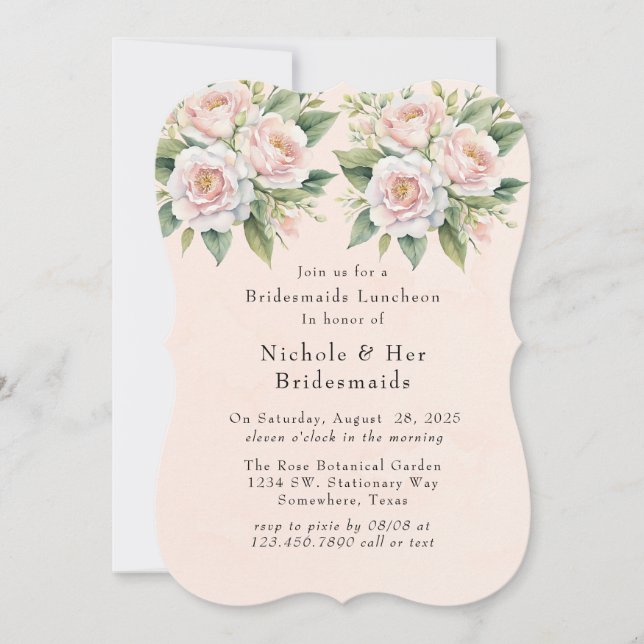 Pink White Botanical Roses Bridesmaids Luncheon Invitation (Front)