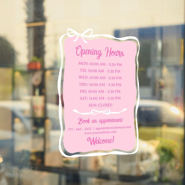 Pink White Bow Frame Small Business Open Hours Window Cling (Creator Uploaded)