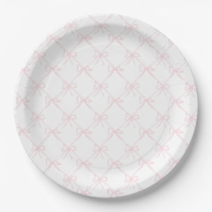 Pink & White Bow, Grandmillenial Pink Ribbon Paper Plates