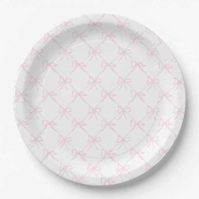 Pink & White Bow, Grandmillenial Pink Ribbon Paper Plates (Front)
