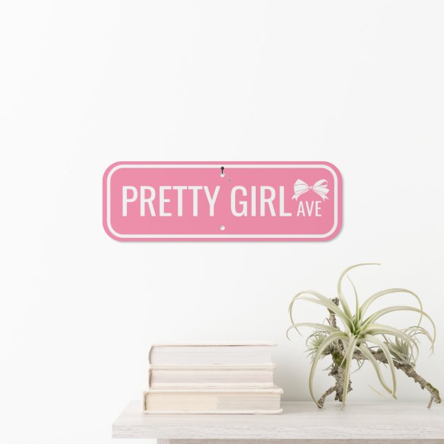 Pink White Bow Pretty Girl Avenue Metal Sign (In Situ(Wall))