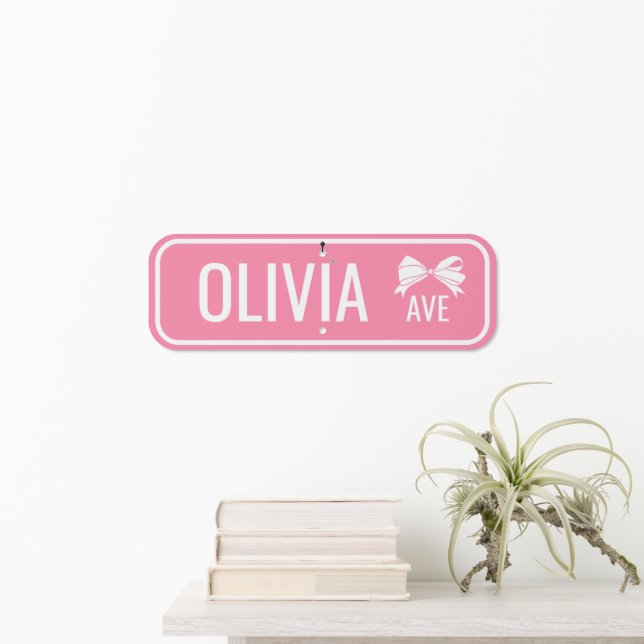Pink White Bow Your Name Avenue Metal Sign (In Situ(Wall))
