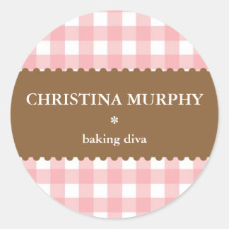 Pink white brown gingham homemade food label seal