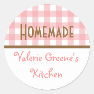 Pink white brown gingham homemade food label seal