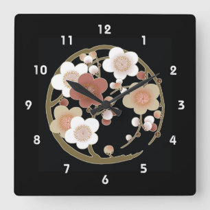 Pink White Brown Sakura Japanese Kimono Pattern Square Wall Clock