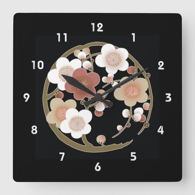 Pink White Brown Sakura Japanese Kimono Pattern Square Wall Clock (Front)