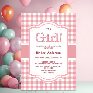 Pink White Buffalo Plaid Baby Shower Invitation